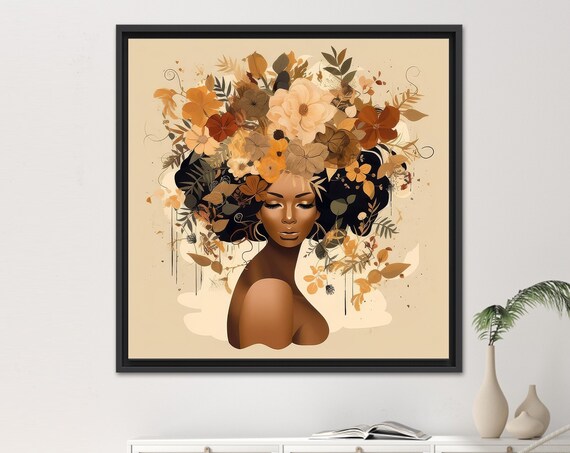 Floral African Woman Portrait Boho Golden Botanical Beauty Art Poster
