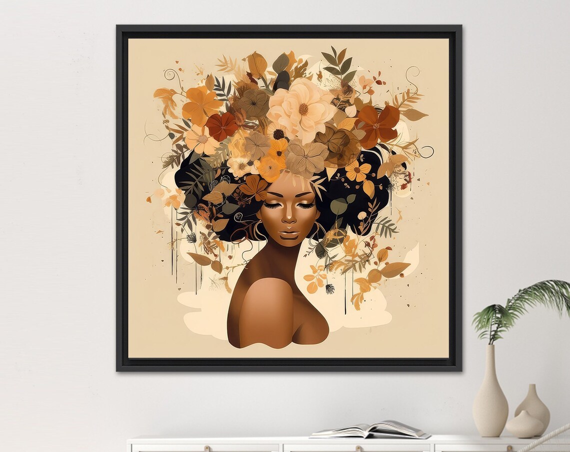 Floral African Woman Portrait Boho Golden Botanical Beauty Art Poster