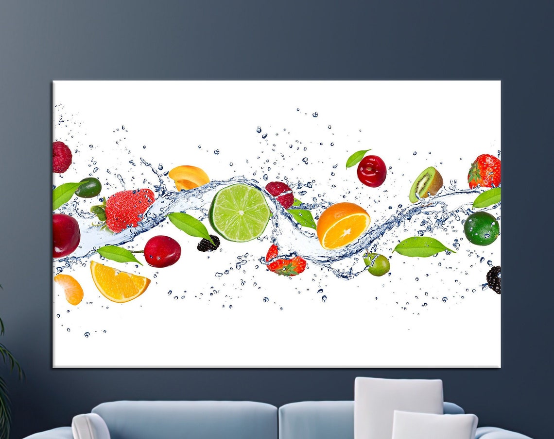 Fresh Fruit Splashing Water Colorful Citrus Berries Kitchen Art Poster