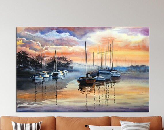 Seascape Canvas Art Sunset Boat Landscape Modern Abstract Decor