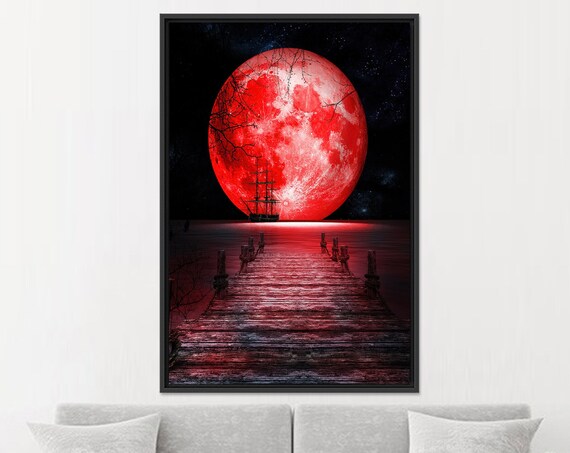 Red Moon Seascape Canvas Art Night Landscape Poster