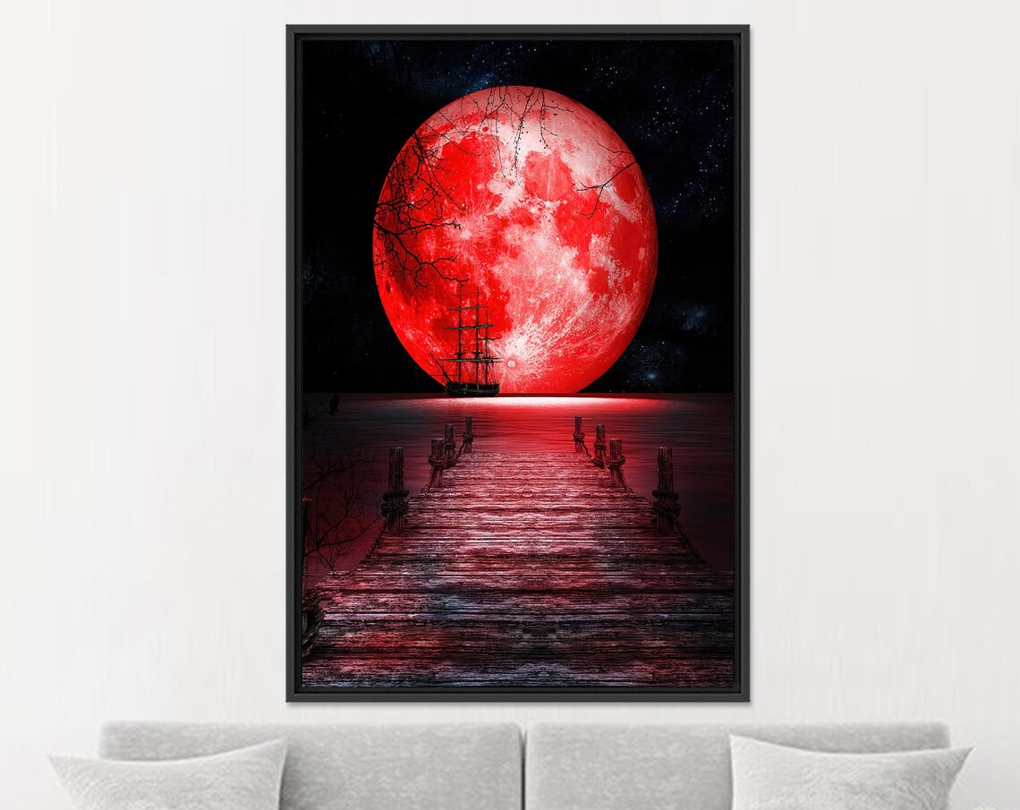 Giant Red Blood Moon over Wooden Pier with Sailing Ship Night Poster