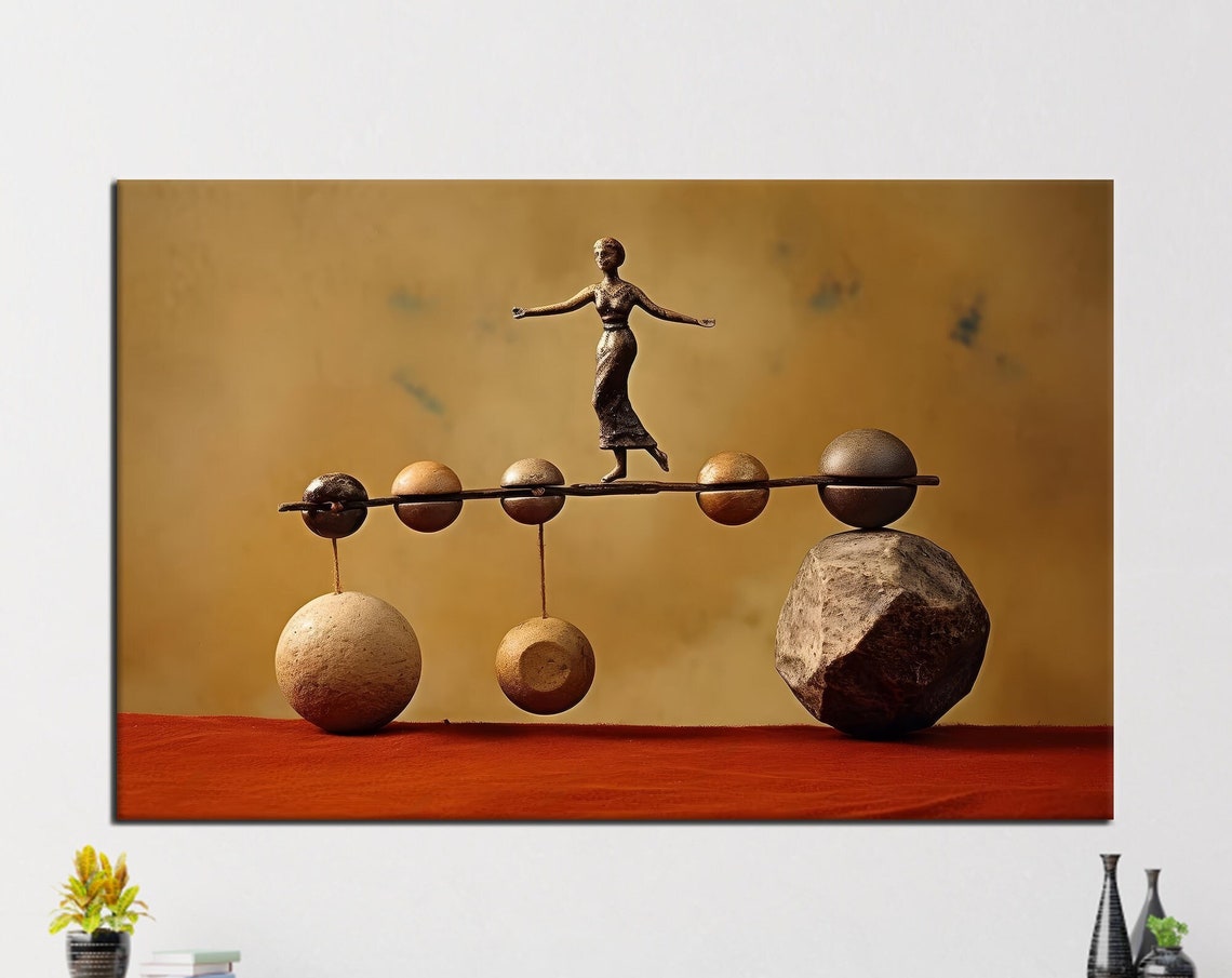 Bronze Woman Balancing On Stones And Mobile Spheres Art Poster