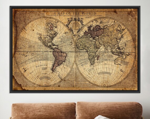 Vintage World Map Travel Poster, Office Wall Art