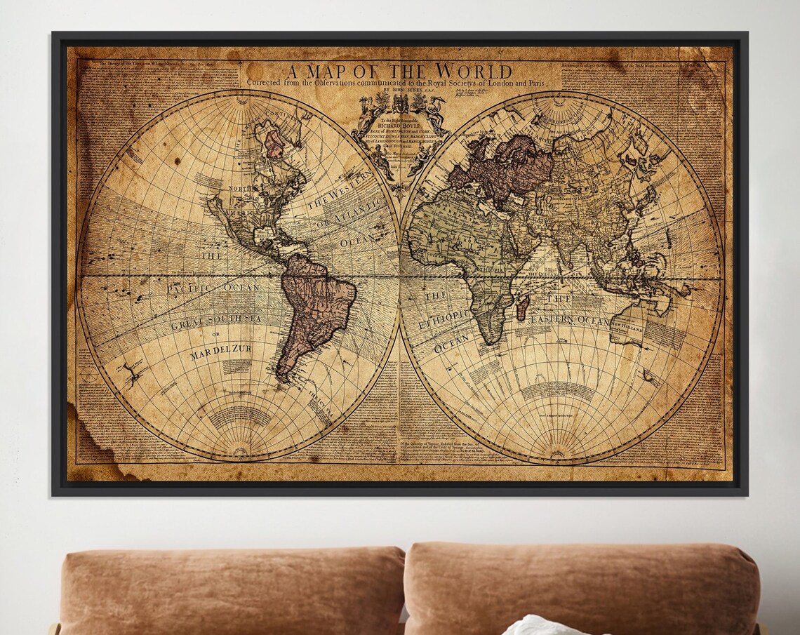 Vintage World Map Travel Poster, Office Wall Art