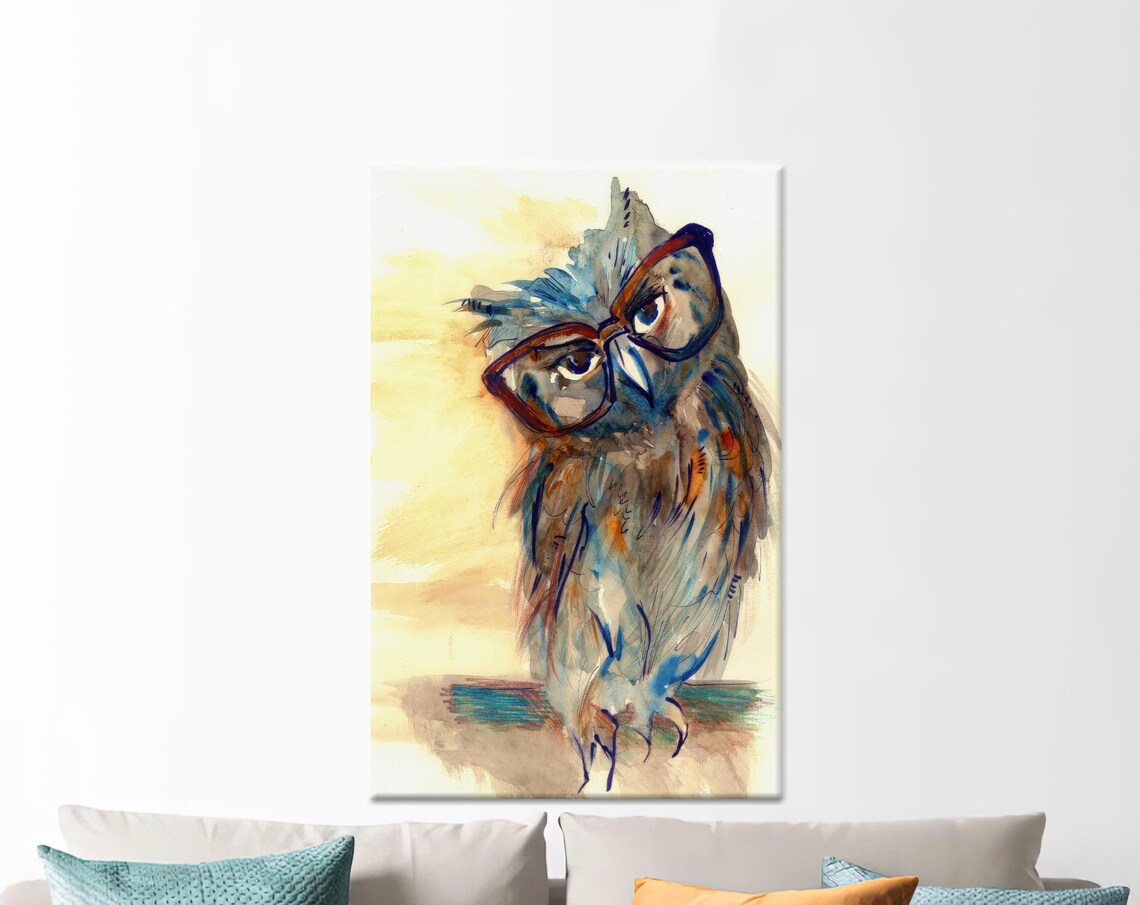 Funny Owl Wearing Red Glasses Whimsical Watercolor Animal Poster