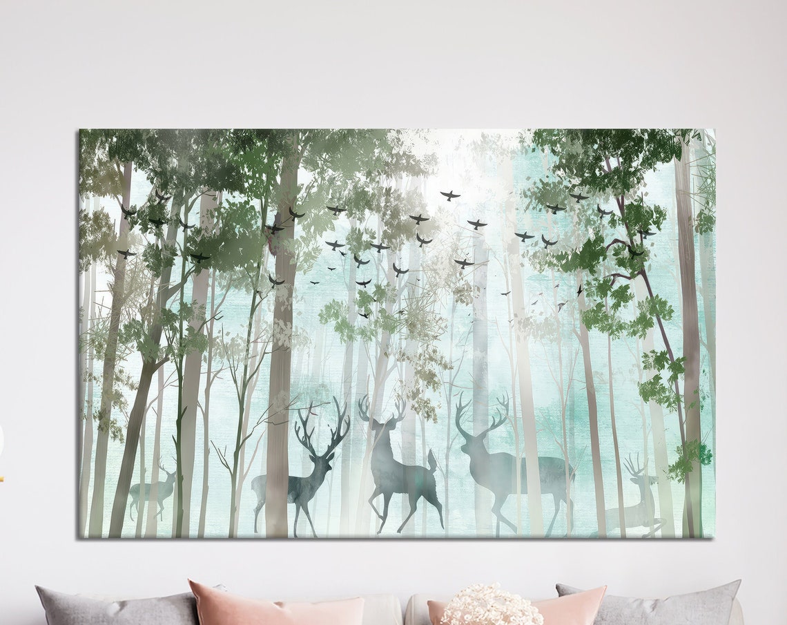 Deer In Forest Canvas Art Abstract Landscape Wall Decor