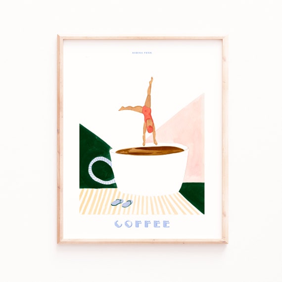 Instant Print Coffee Poster Print Coffee Girl Cartwheel Retro Art Kitchen Wall Art Art Deco Poster Art Print