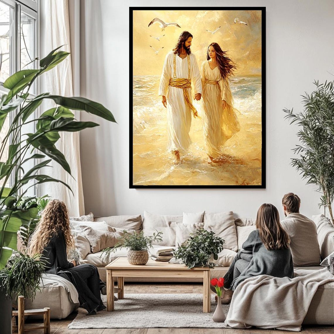 Jesus Walking With Woman On Golden Beach Ocean Waves Seagulls Poster - Image 3