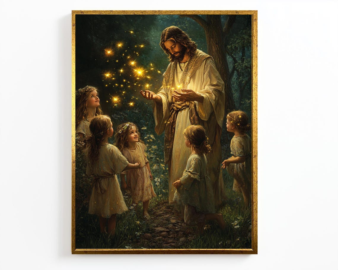 Jesus Sharing Glowing Lights With Children In Dark Forest Night Poster - Image 4