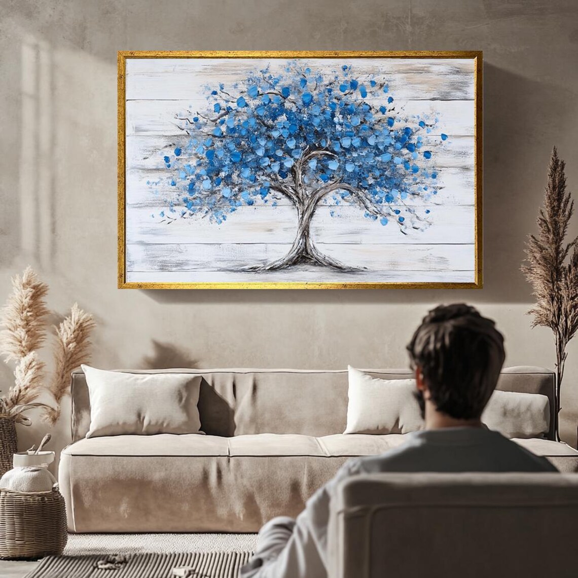 Modern Blue Tree Palette Knife Painting, Abstract - Image 2