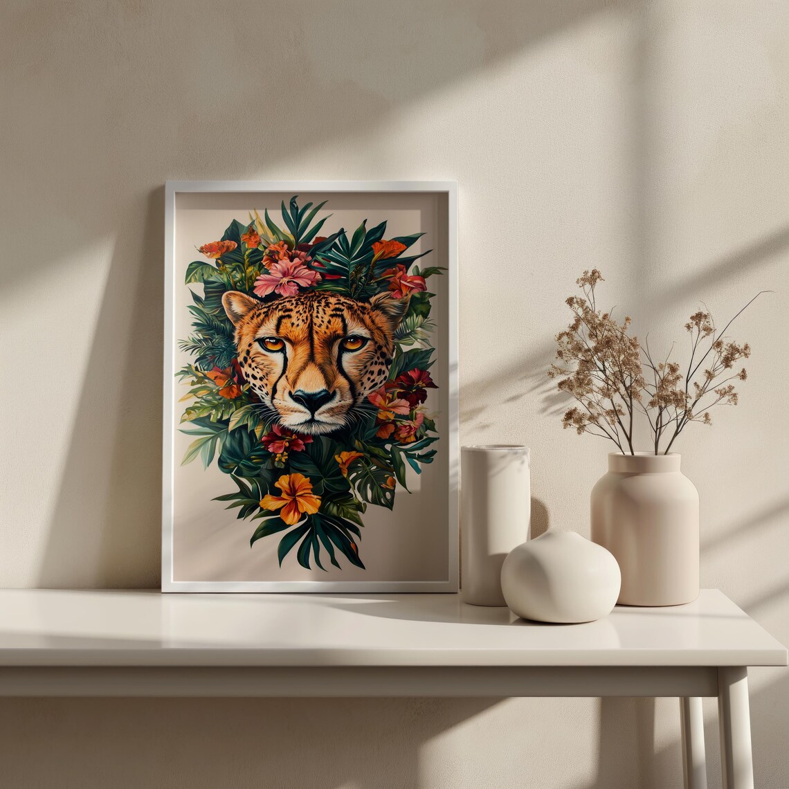 Cheetah Face Tropical Flowers Jungle Botanical Wildlife Wall Poster - Image 5