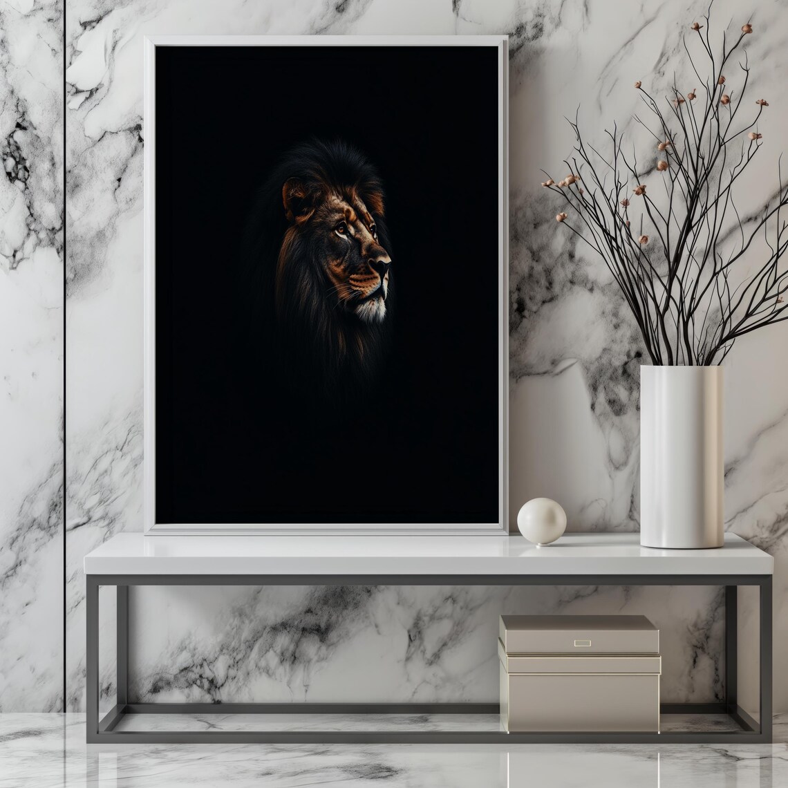 Majestic Lion Profile Portrait Dark Background Regal Wildlife Poster - Image 4