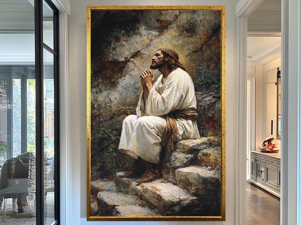 Jesus Praying In Serenity Artwork Inspirational Christian Wall Art Spiritual Faith Painting For Home Church And Prayer Room Decor