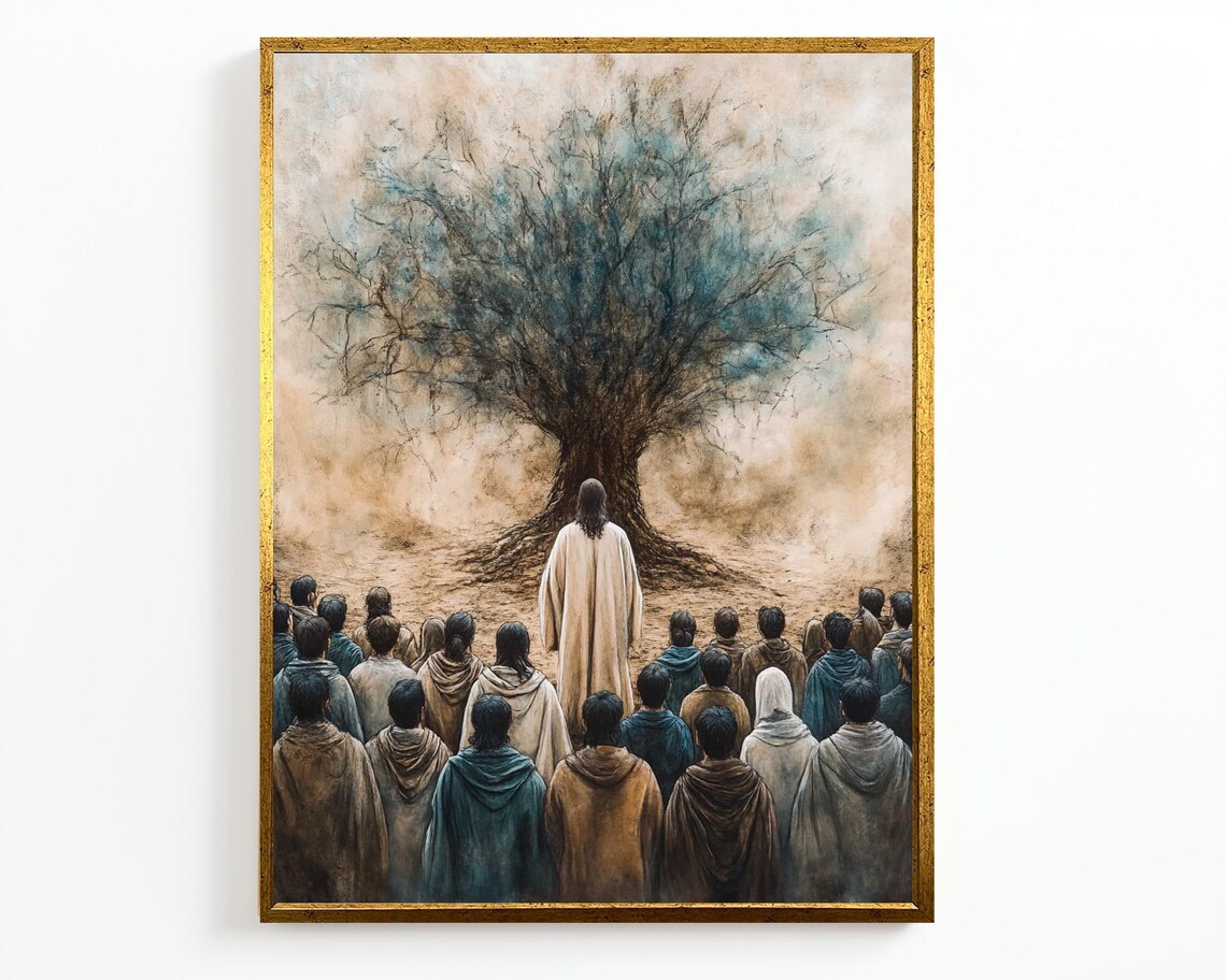 Jesus Teaching Followers Beneath Large Olive Tree Muted Watercolor Print - Image 4