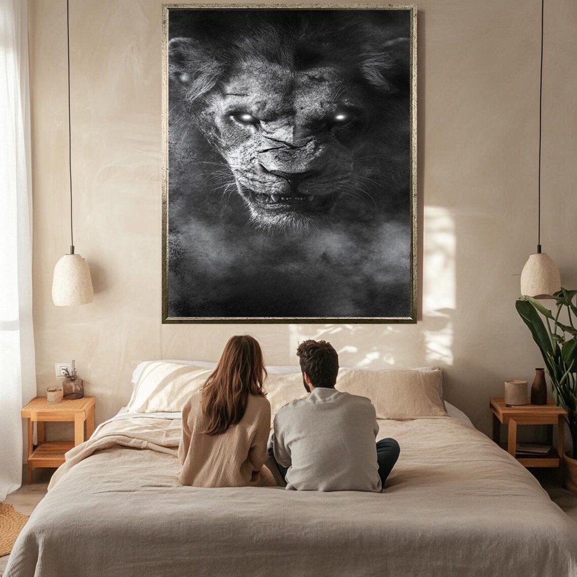 Fierce Black And White Lion Face Close Up Glowing Eyes Smoke Poster - Image 2