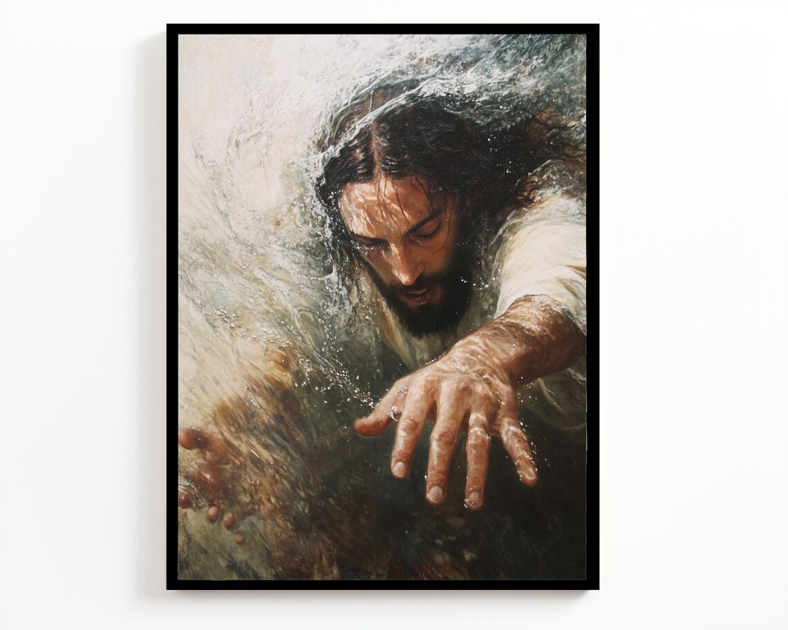 Jesus Reaching Through Water Hand Outstretched Powerful Faith Poster - Image 4