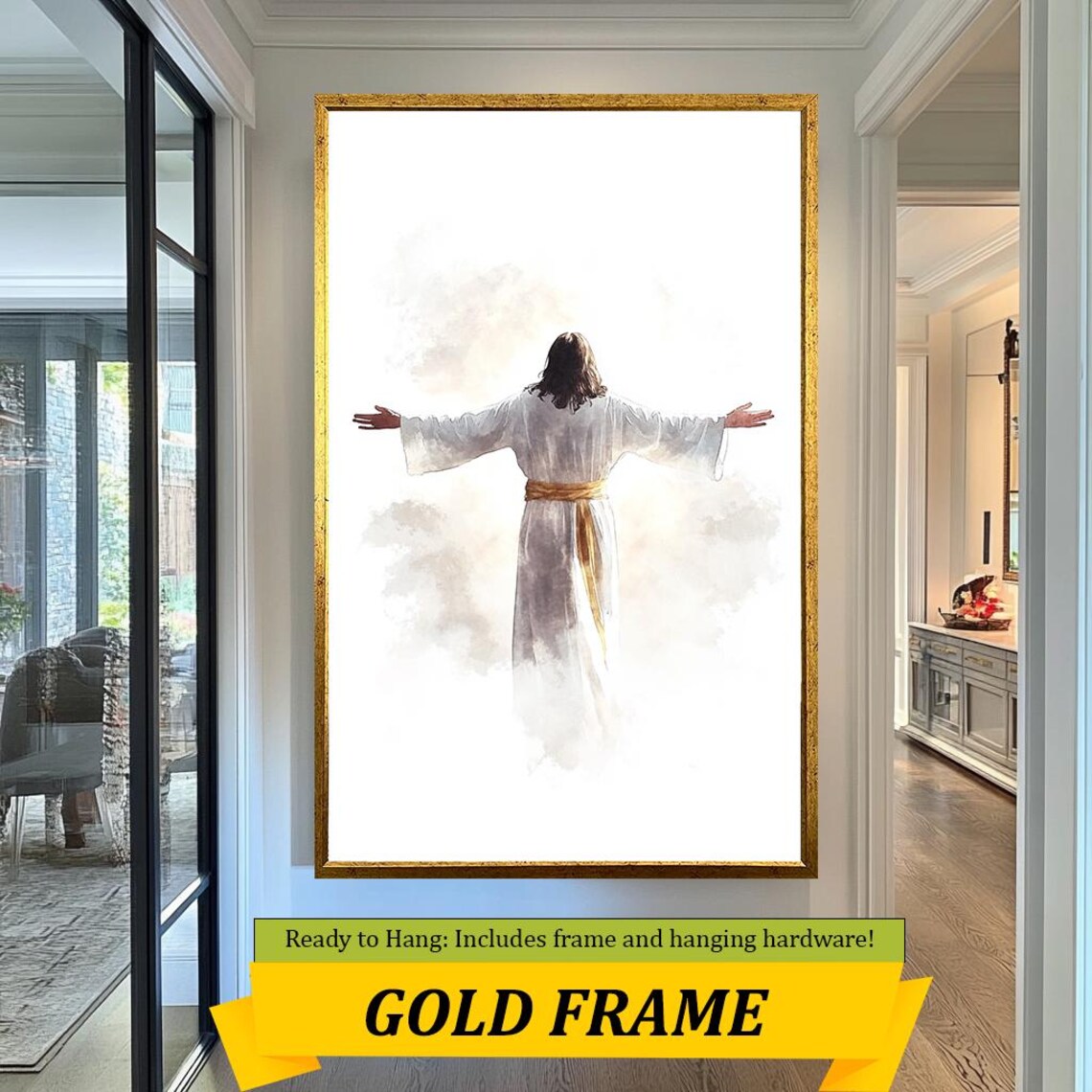 Jesus With Open Arms Watercolor Back View White Robe Gold Sash Poster - Image 5
