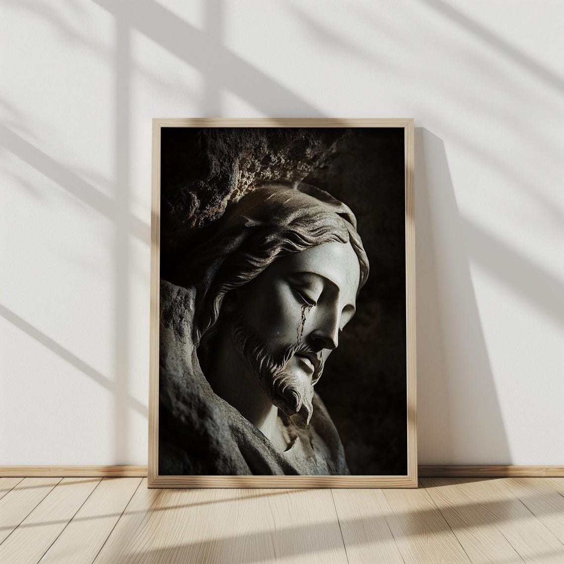 Jesus Christ Weathered Stone Sculpture Face Weeping Close Up Wall Art - Image 4