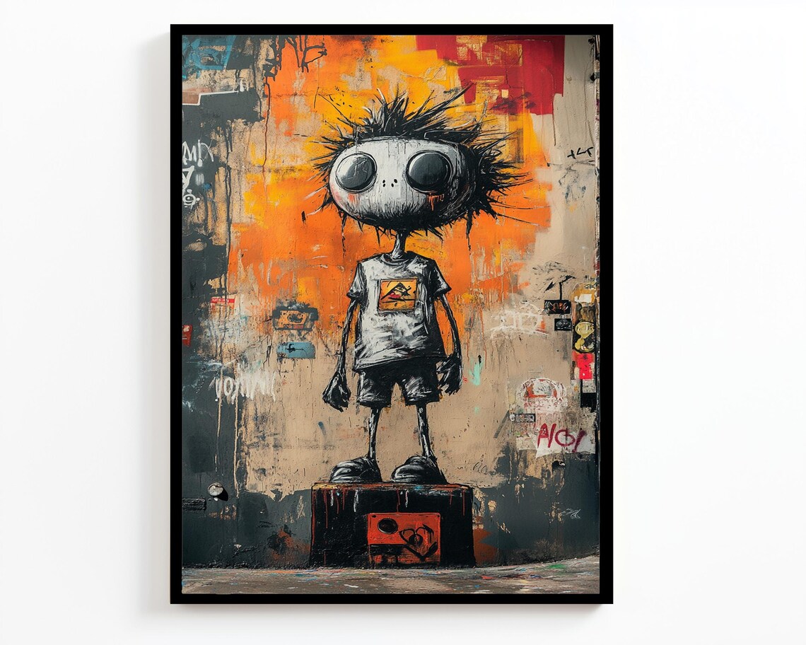 Street Art Kid Character Big Eyes Graffiti Wall Urban Orange Print - Image 4