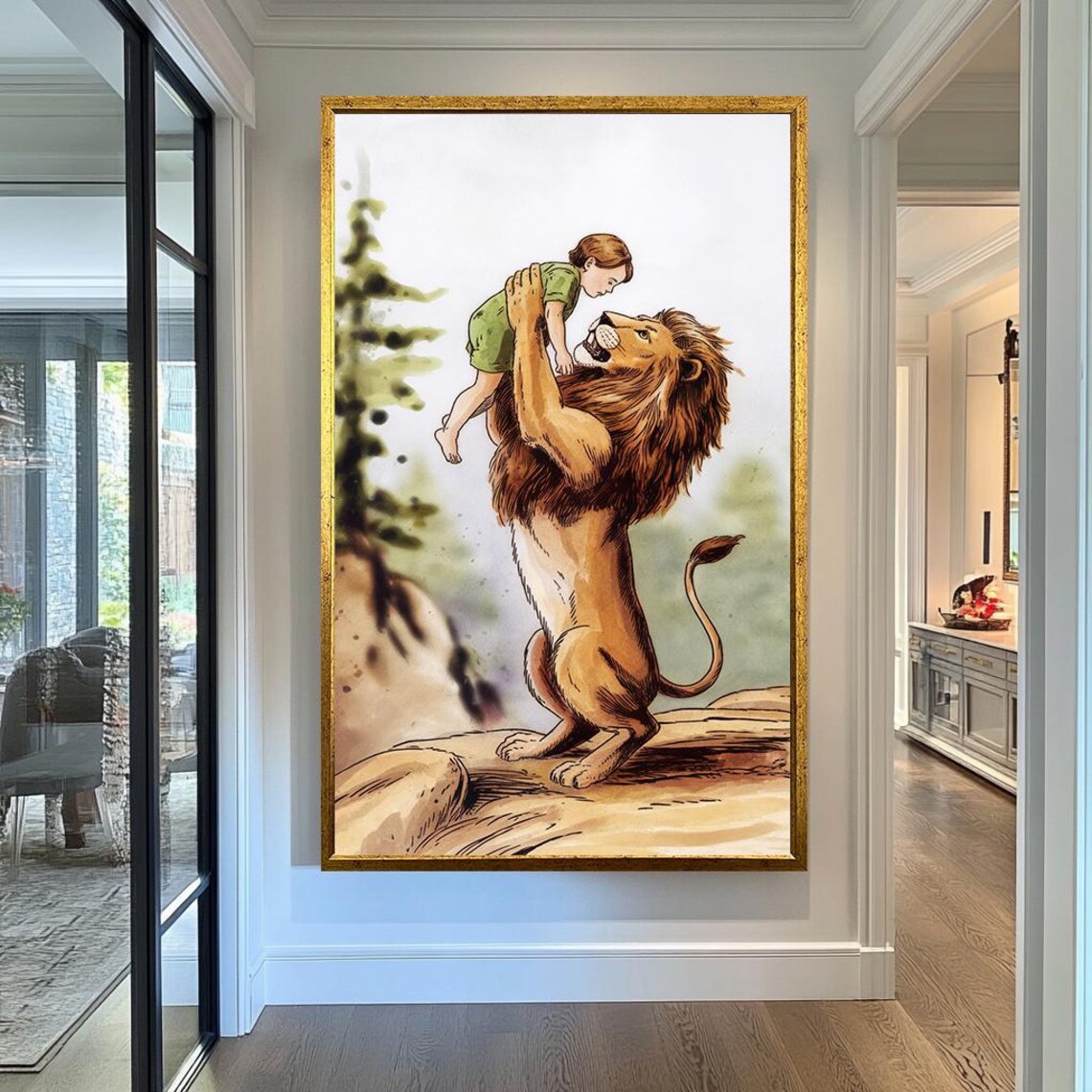Gentle Lion Lifting Little Boy Storybook Illustration Nursery Wall Art - Image 5