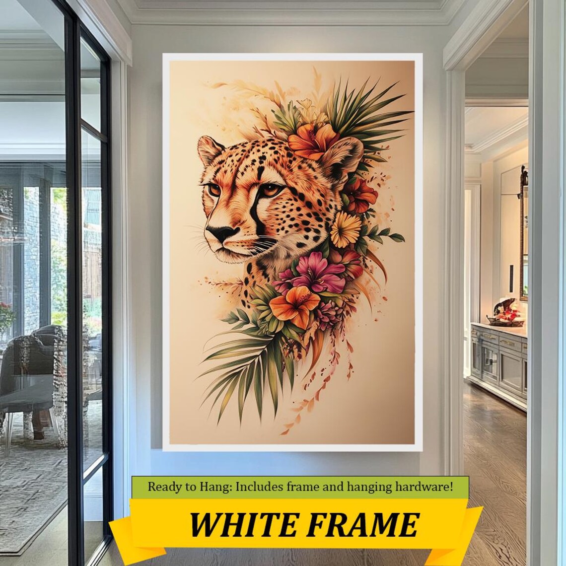 Elegant Cheetah Tropical Flowers Botanical Watercolor Wildlife Poster - Image 2