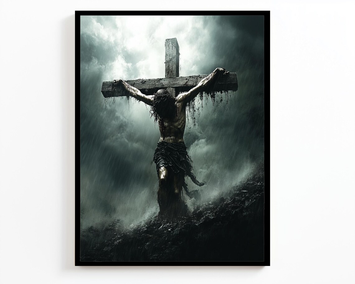 Jesus Christ On The Cross In Stormy Rain Dramatic Suffering Poster - Image 4