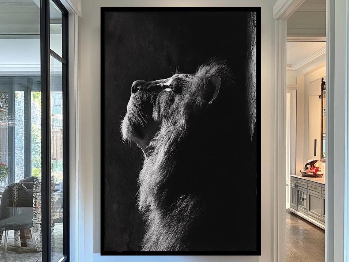 Black And White Lion Profile Looking Up Dramatic Side Light Poster