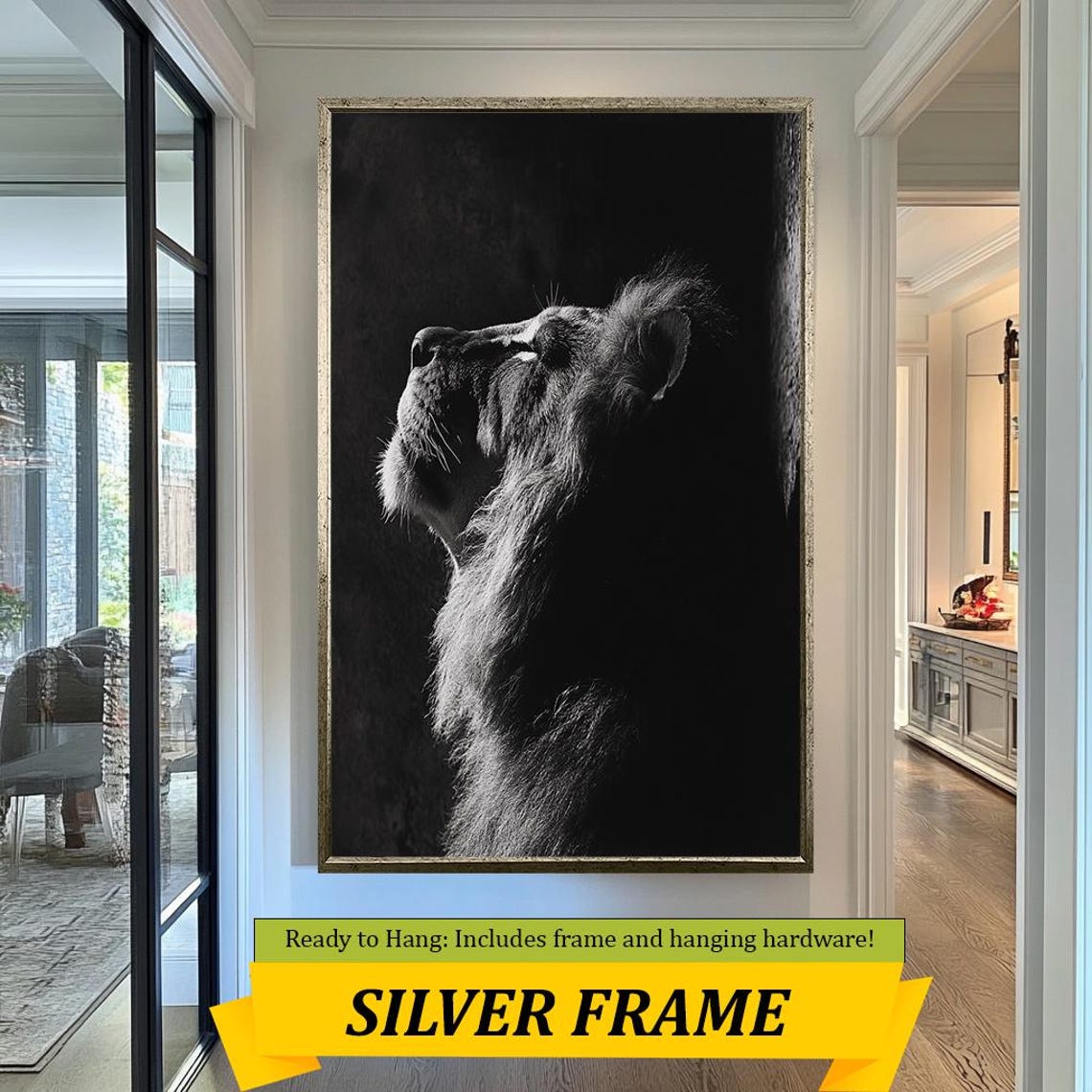 Black And White Lion Profile Looking Up Dramatic Side Light Poster - Image 5