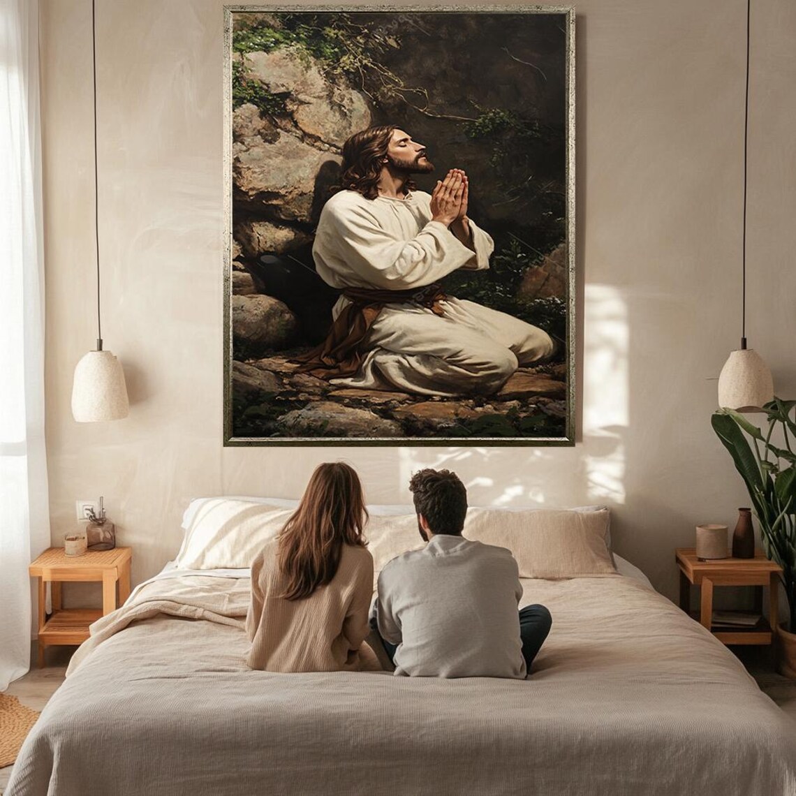 Jesus Praying In Gethsemane Garden Kneeling White Robe Faith Poster - Image 2
