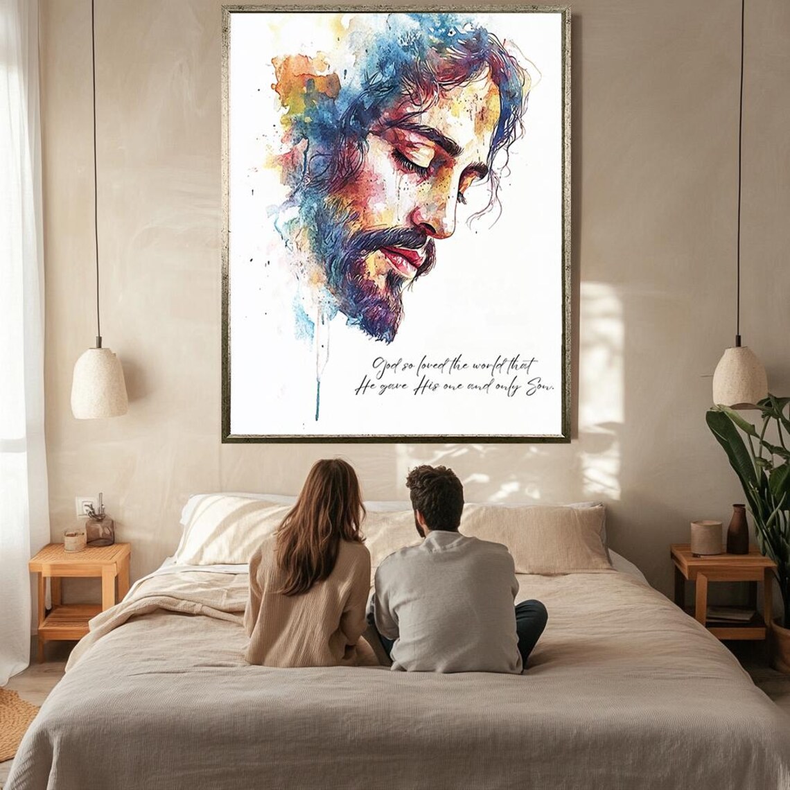 Jesus Christ Watercolor Portrait With Bible Verse John Three Sixteen Poster - Image 2