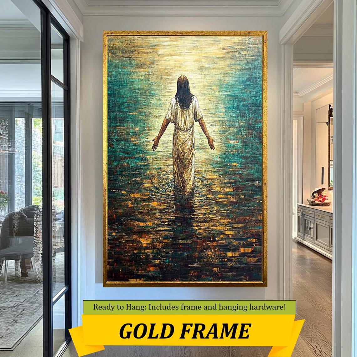 Jesus Walking On Water Teal And Gold Impressionist Lake Scene Poster - Image 5