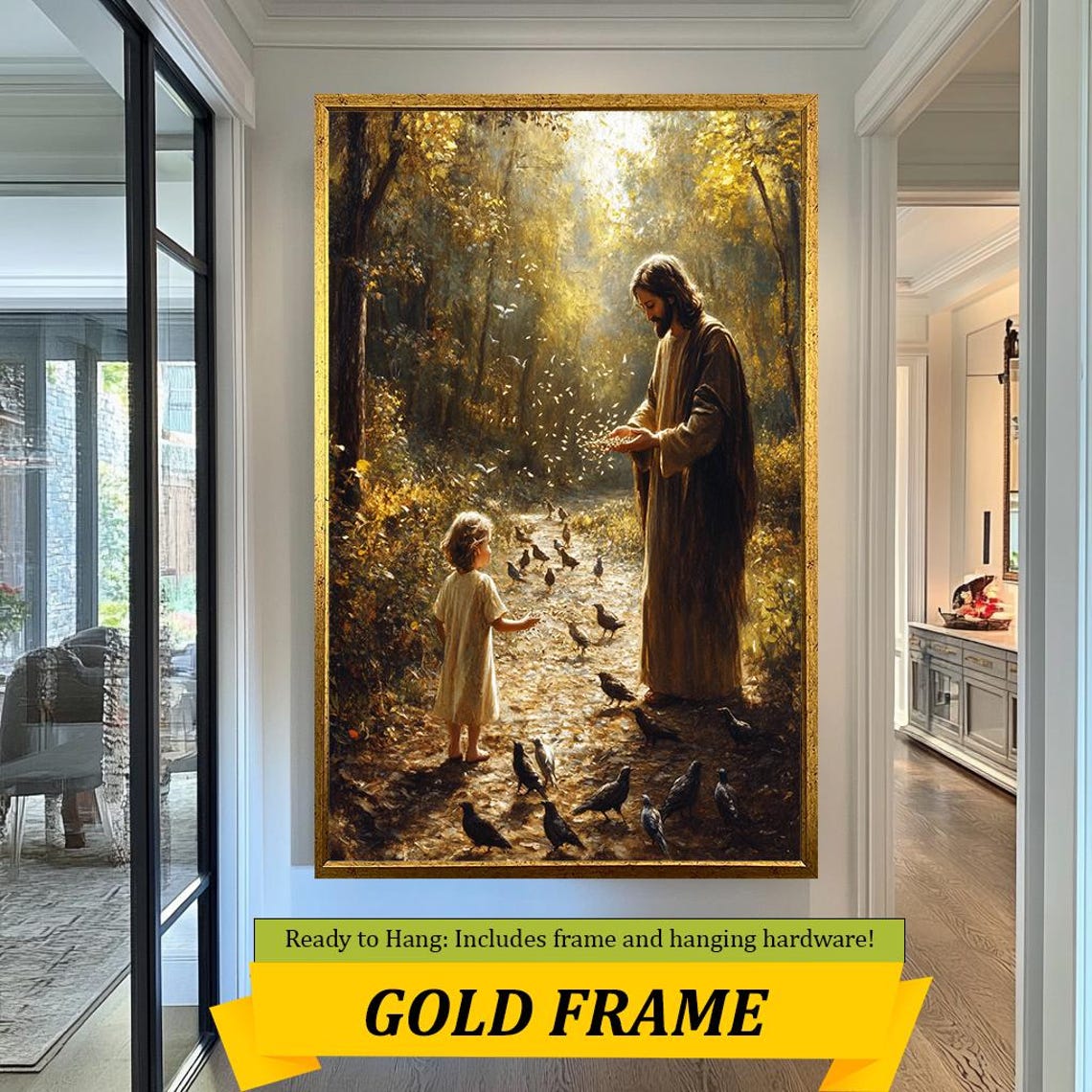Jesus Feeding Birds With Child On Forest Path Dappled Light Wall Art - Image 5
