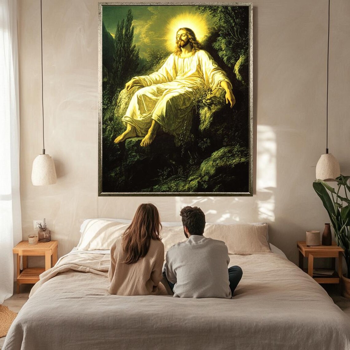 Jesus Seated In Peaceful Garden Glowing Halo Sacred Contemplation Poster - Image 2