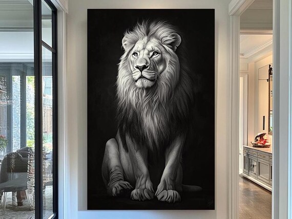 White Lion Seated Portrait Black Background Regal Full Mane Print