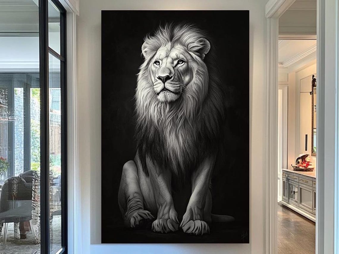 White Lion Seated Portrait Black Background Regal Full Mane Print