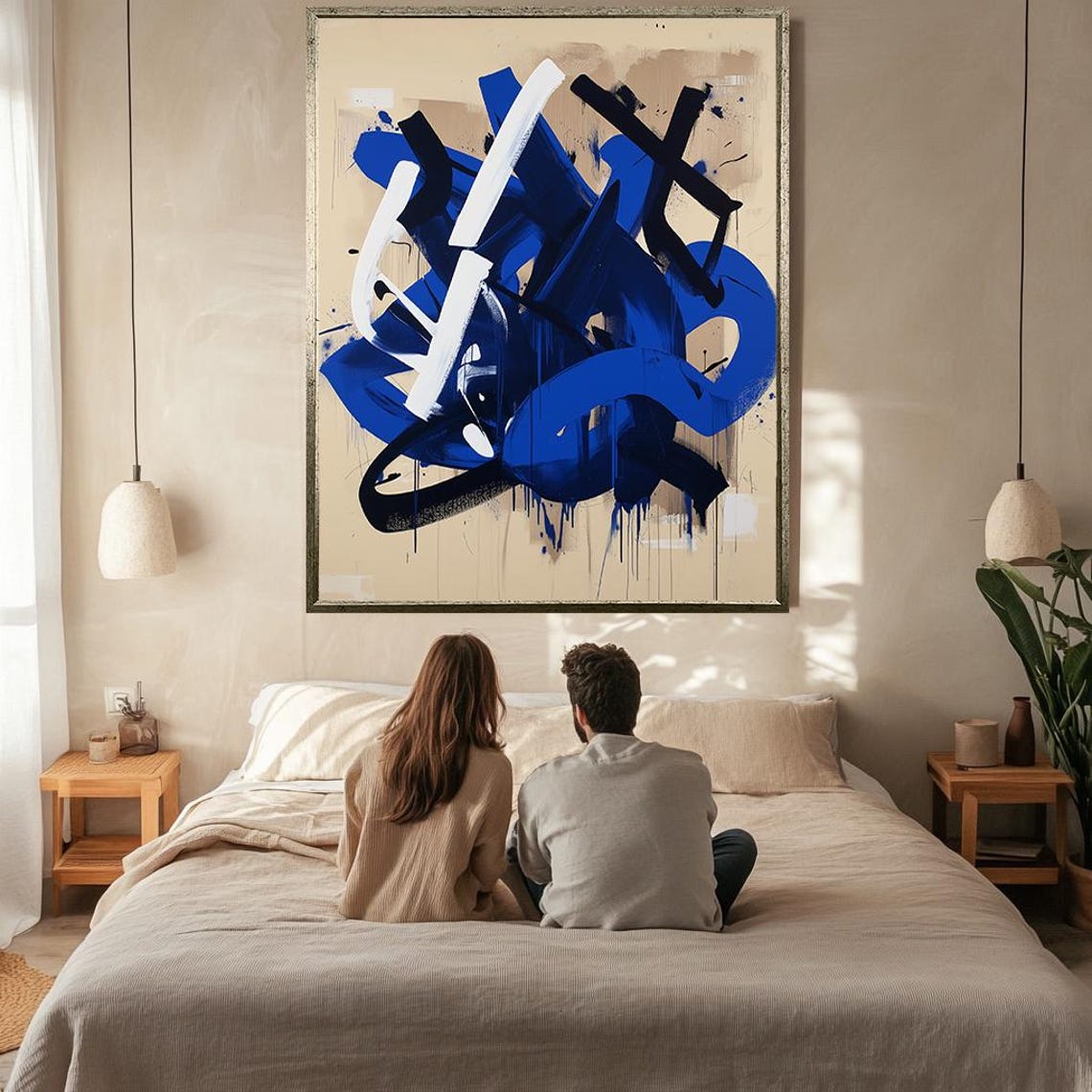 Bold Blue Black White Brush Stroke Beige Modern Abstract Art Poster - Image 2
