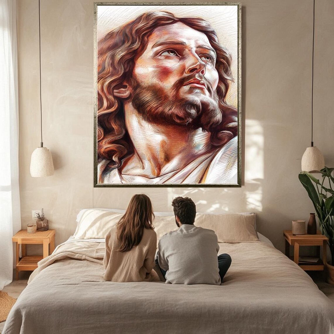 Jesus Christ Looking Heavenward Warm Colored Pencil Portrait Sketch Print - Image 2