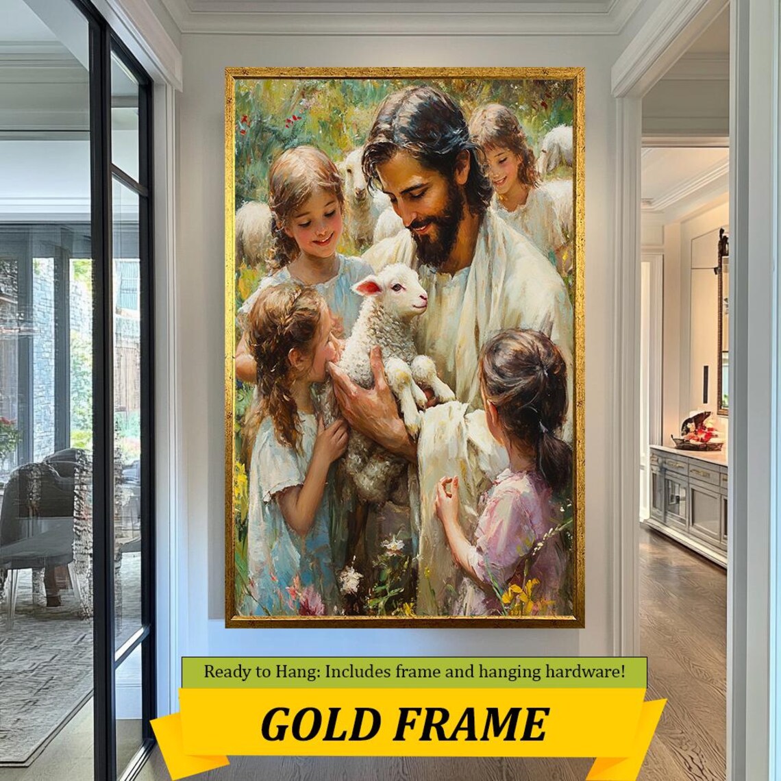 Jesus Holding Lamb Surrounded By Children Pastoral Christian Wall Art - Image 5