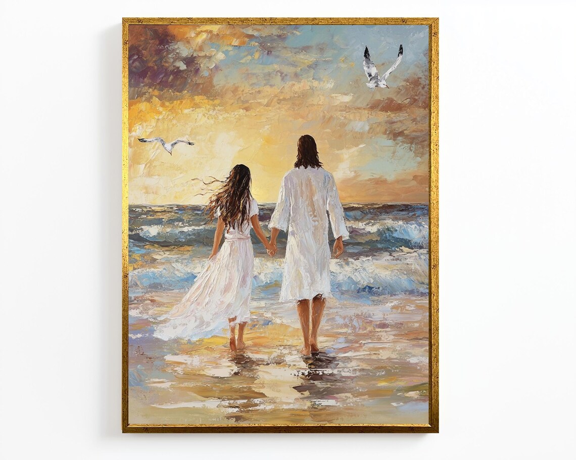 Jesus Walking Hand In Hand With Woman Sunset Beach Romantic Coastal Poster - Image 4