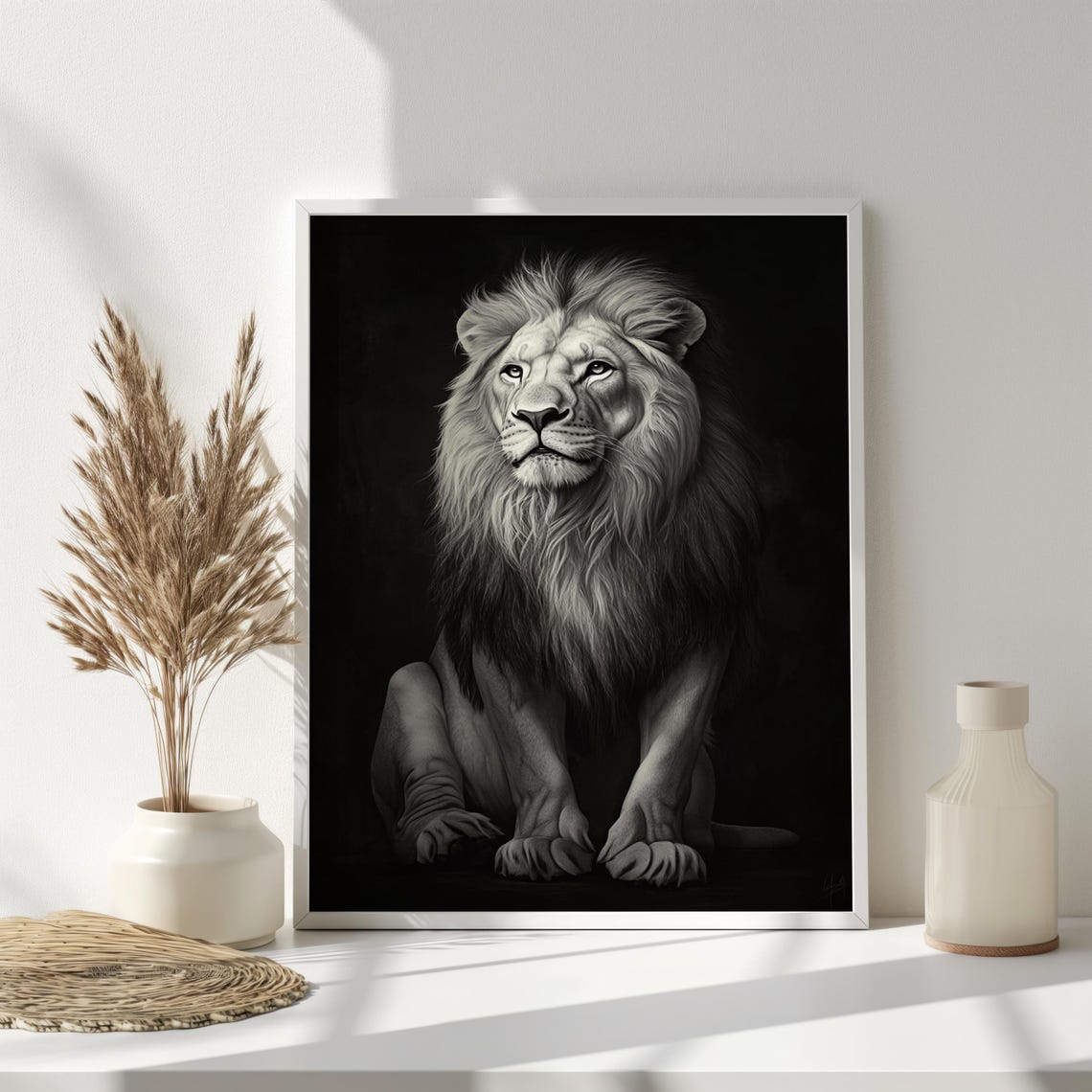 White Lion Seated Portrait Black Background Regal Full Mane Print - Image 3