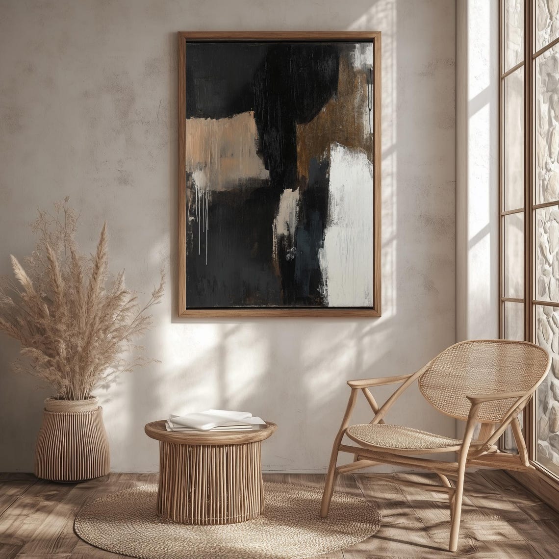 Minimalist Black Beige White Textured Abstract Modern Art Wall Poster - Image 3