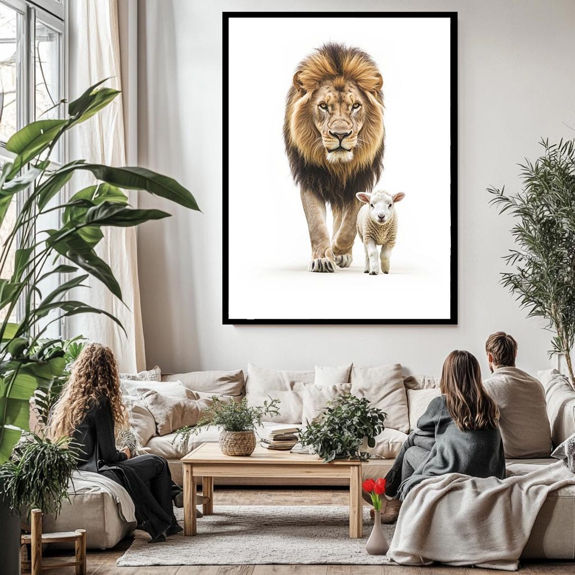 Lion And Lamb Walking Together Minimalist White Background Faith Print - Image 3
