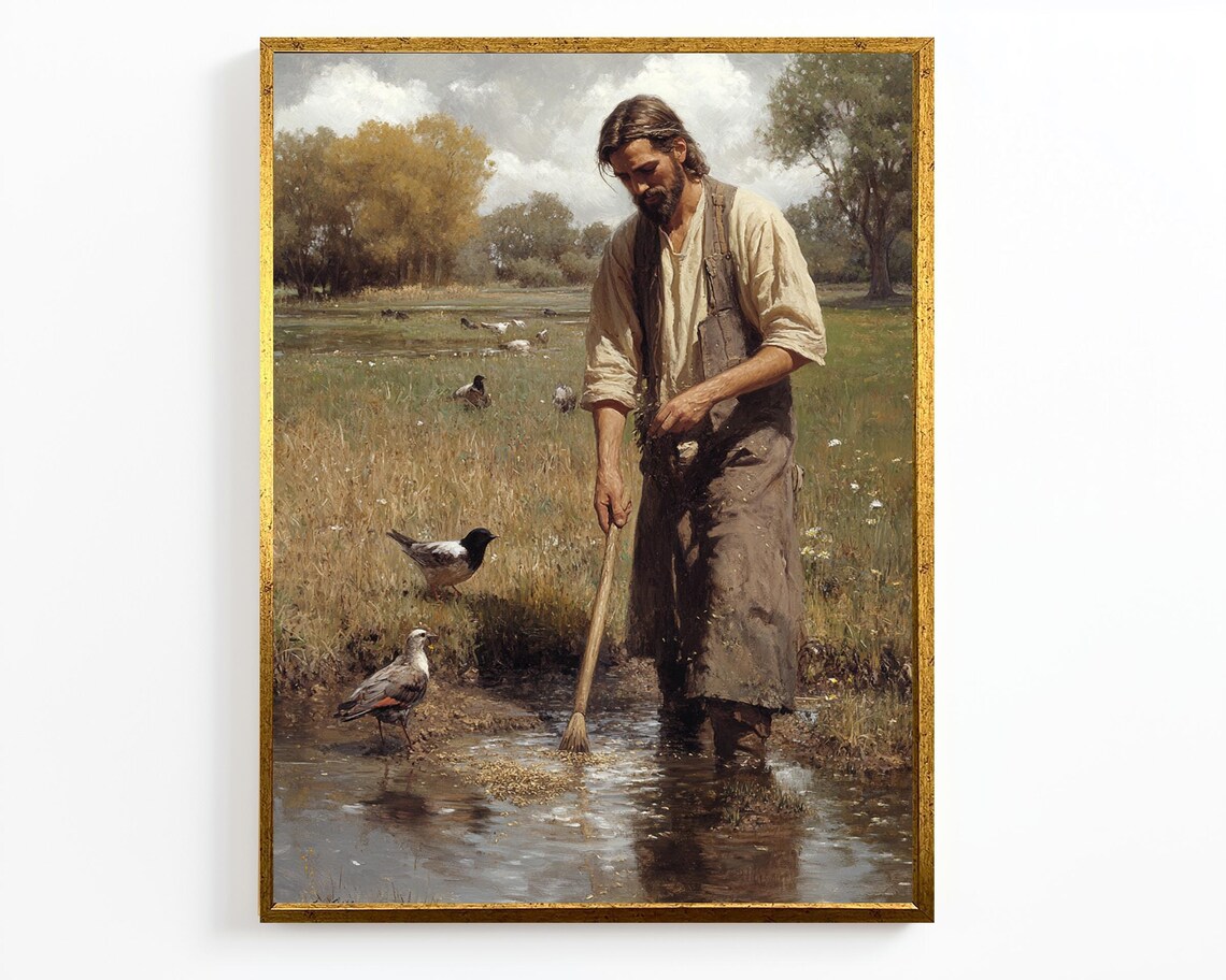 Jesus With Birds In Gentle Stream Pastoral Countryside Painting Poster - Image 4