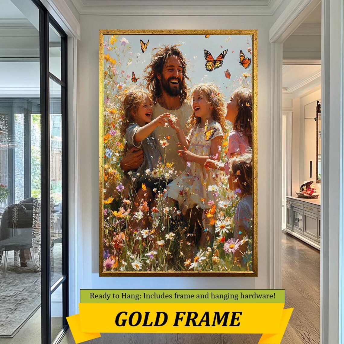 Joyful Jesus Playing With Children In Flower Meadow Butterflies Poster - Image 5