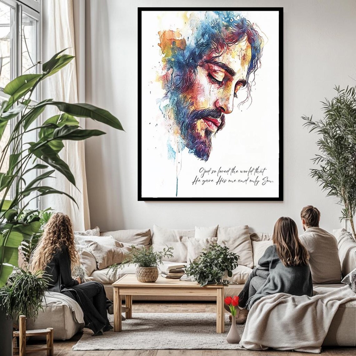Jesus Christ Watercolor Portrait With Bible Verse John Three Sixteen Poster - Image 3