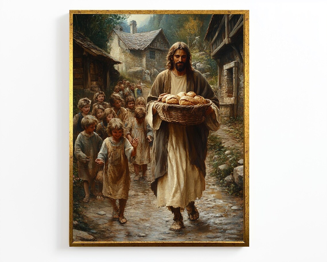 Jesus Carrying Bread Basket Walking With Children Village Scene Poster - Image 4