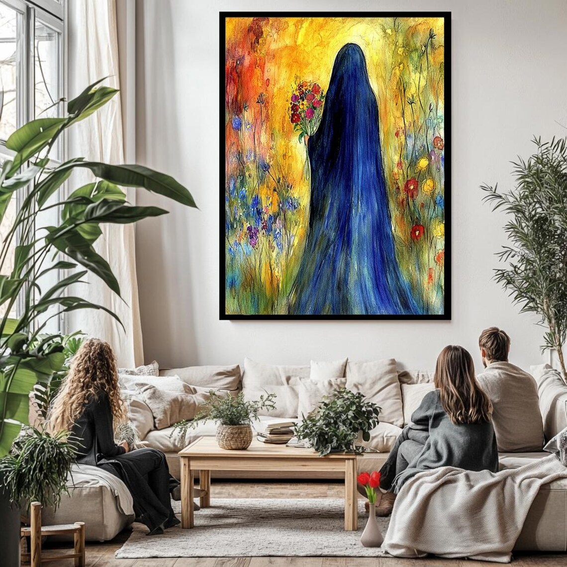 Virgin Mary Blue Veil Wildflower Meadow Watercolor Christian Wall Art - Image 3