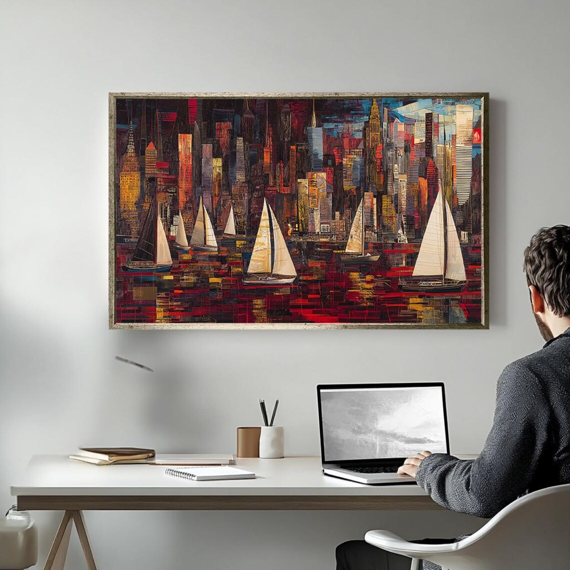 City Skyline Sailboats Harbor Red Abstract Urban Nautical Art Poster - Image 5