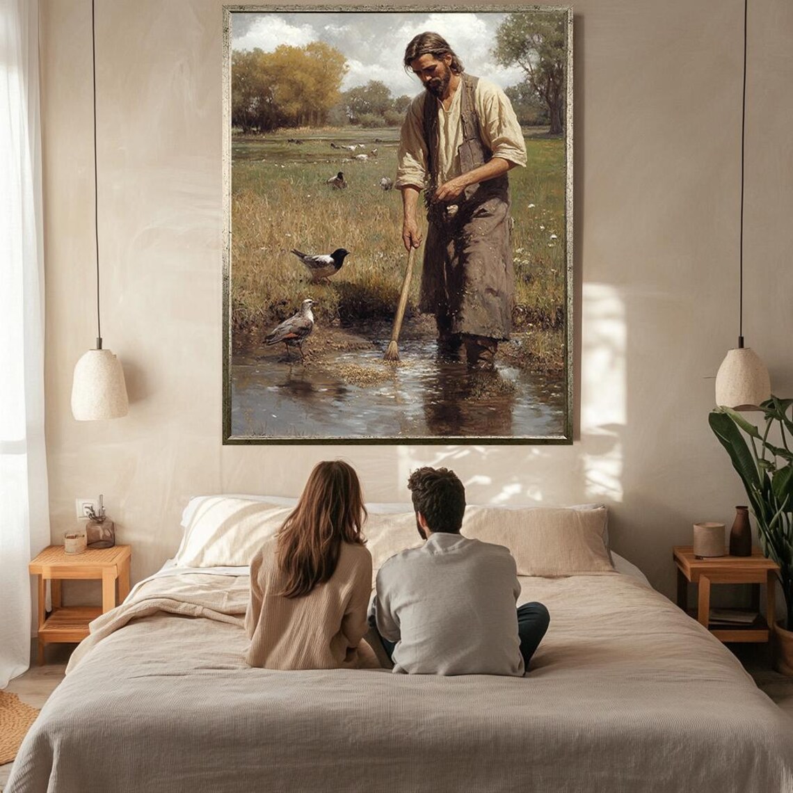 Jesus With Birds In Gentle Stream Pastoral Countryside Painting Poster - Image 2